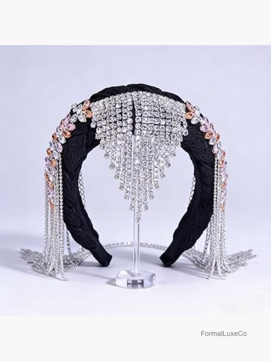 Handmade Rhinestone Tassel Headband, Bohemian Hair Crown, Wide Brim Headwear, main image 6
